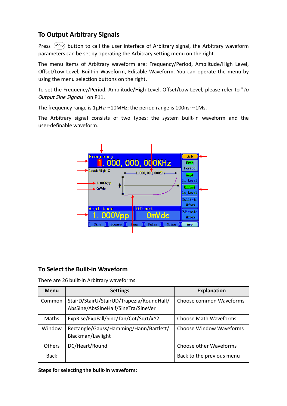 To output arbitrary signals, To select the built-in waveform | OWON AG-S series User Manual | Page 23 / 52