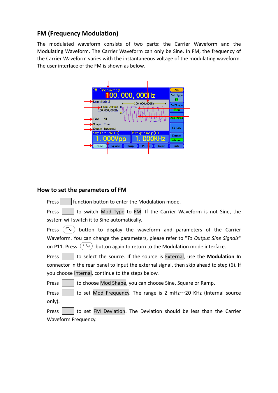 Fm (frequency modulation), How to set the parameters of fm | OWON AG-S series User Manual | Page 27 / 52