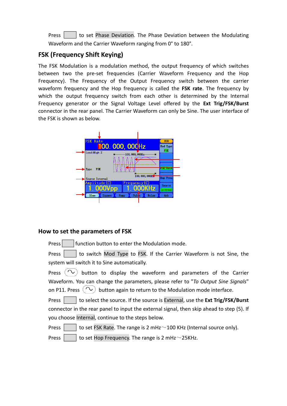 Fsk (frequency shift keying), How to set the parameters of fsk | OWON AG-S series User Manual | Page 29 / 52