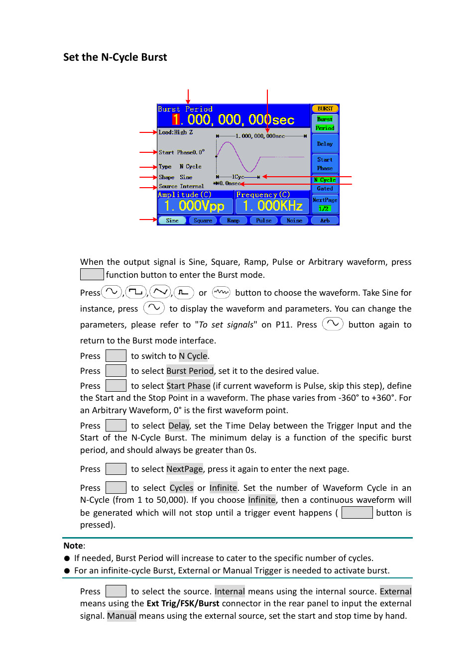 Set the n-cycle burst | OWON AG-S series User Manual | Page 33 / 52