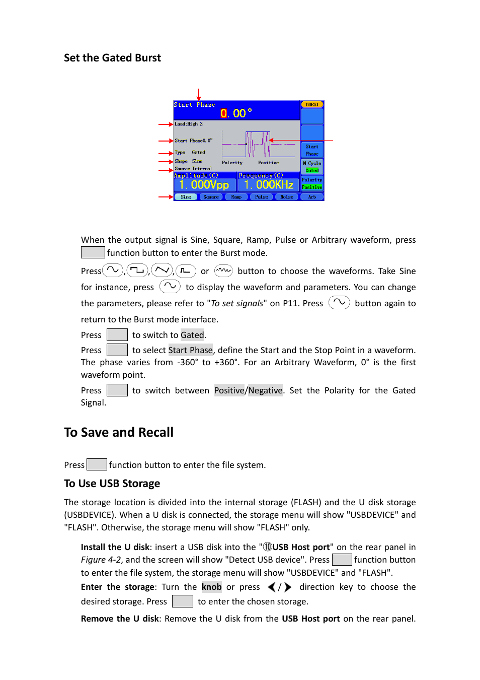Set the gated burst, To save and recall, To use usb storage | OWON AG-S series User Manual | Page 34 / 52