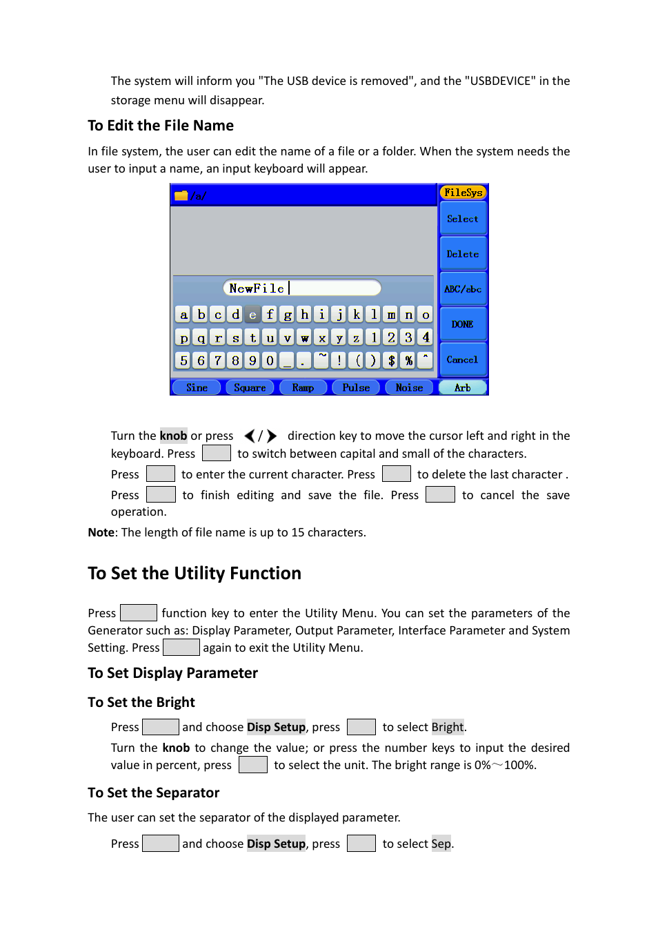 To edit the file name, To set the utility function, To set display parameter | To set the bright, To set the separator | OWON AG-S series User Manual | Page 35 / 52