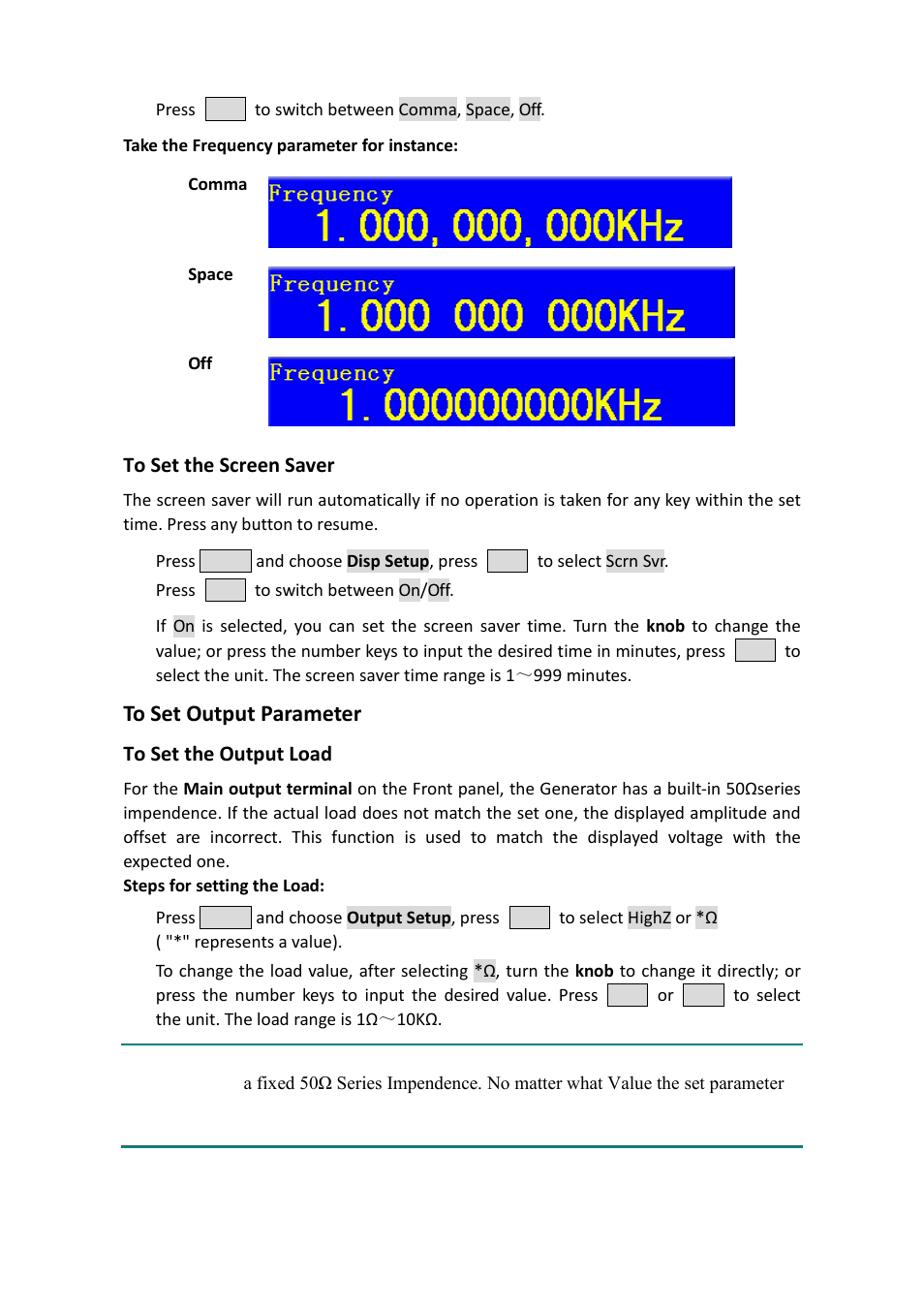 To set the screen saver, To set output parameter, To set the output load | OWON AG-S series User Manual | Page 36 / 52