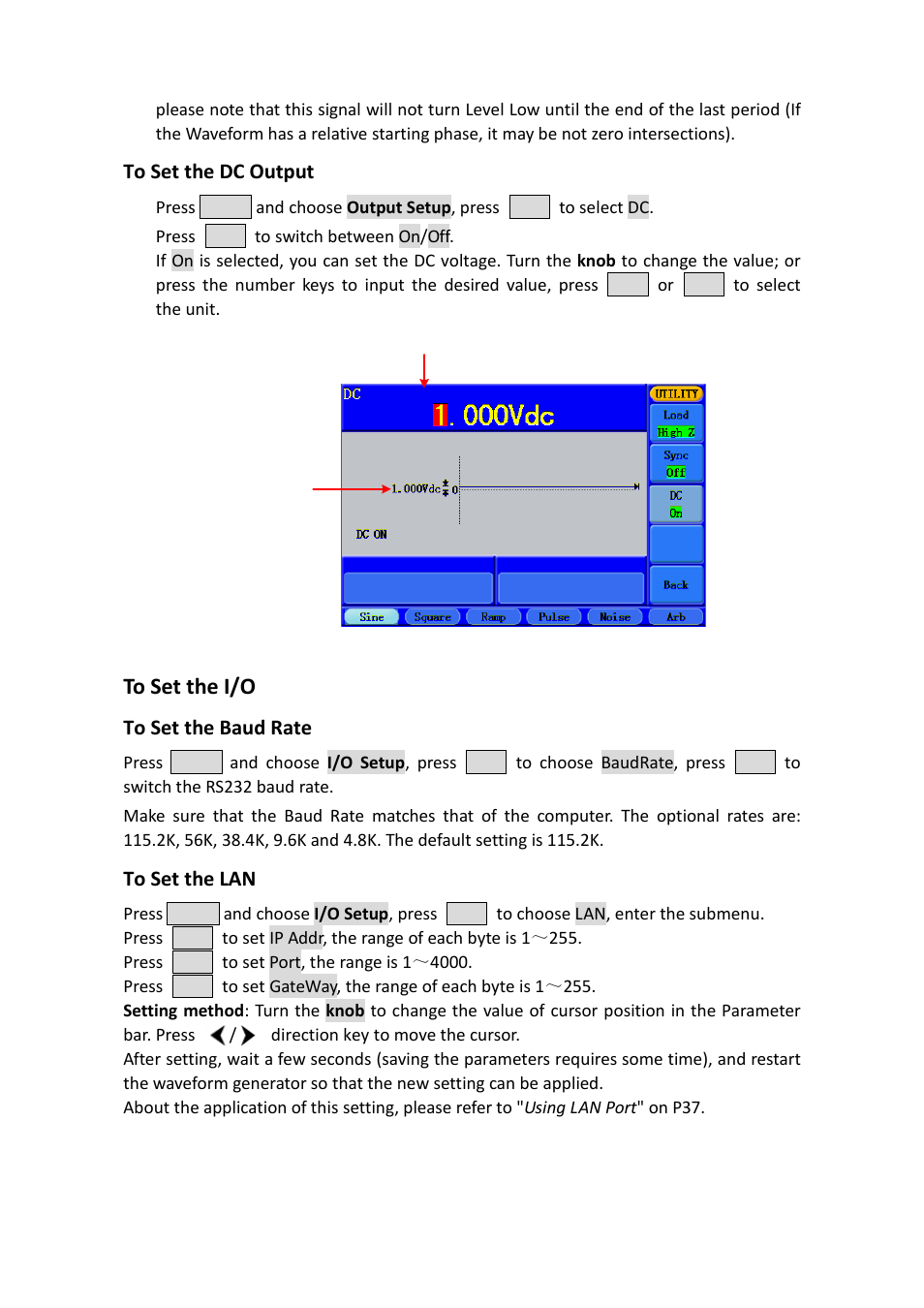 To set the dc output, To set the i/o, To set the baud rate | To set the lan | OWON AG-S series User Manual | Page 38 / 52