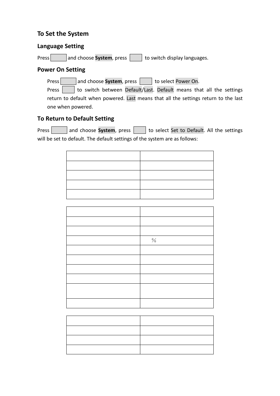 To set the system, Language setting, Power on setting | To return to default setting | OWON AG-S series User Manual | Page 39 / 52