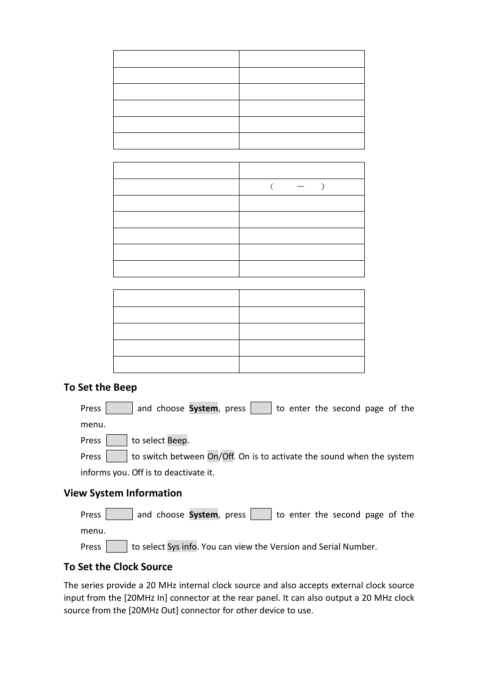 To set the beep, View system information, To set the clock source | OWON AG-S series User Manual | Page 40 / 52