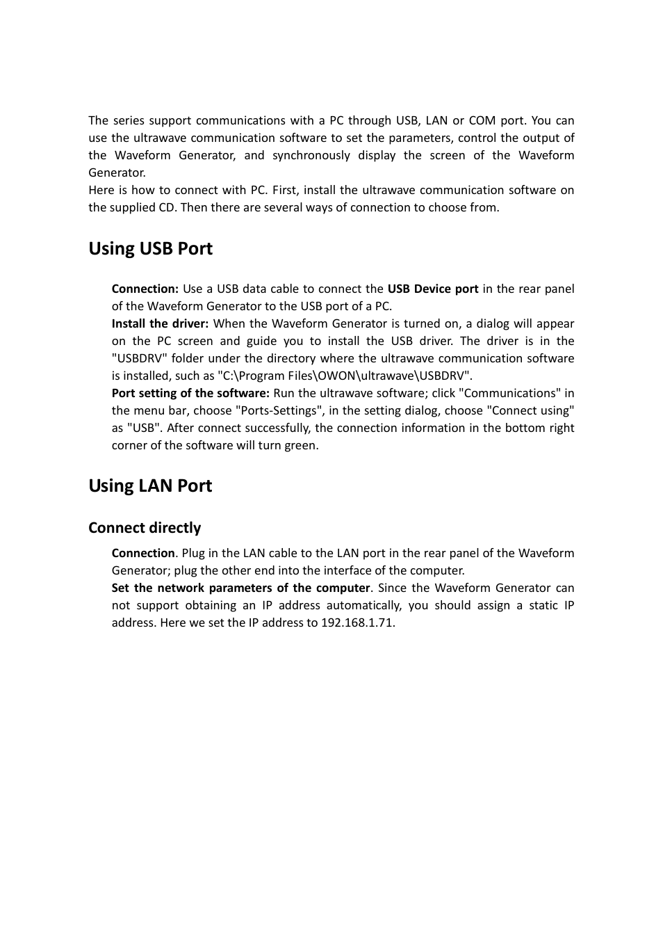Communication with pc, Using usb port, Using lan port | Connect directly | OWON AG-S series User Manual | Page 42 / 52