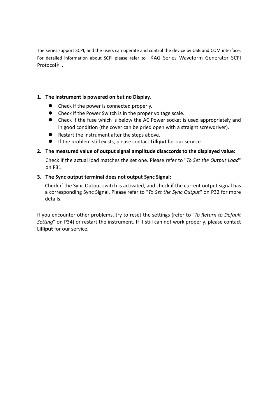 Scpi, Troubleshooting | OWON AG-S series User Manual | Page 46 / 52