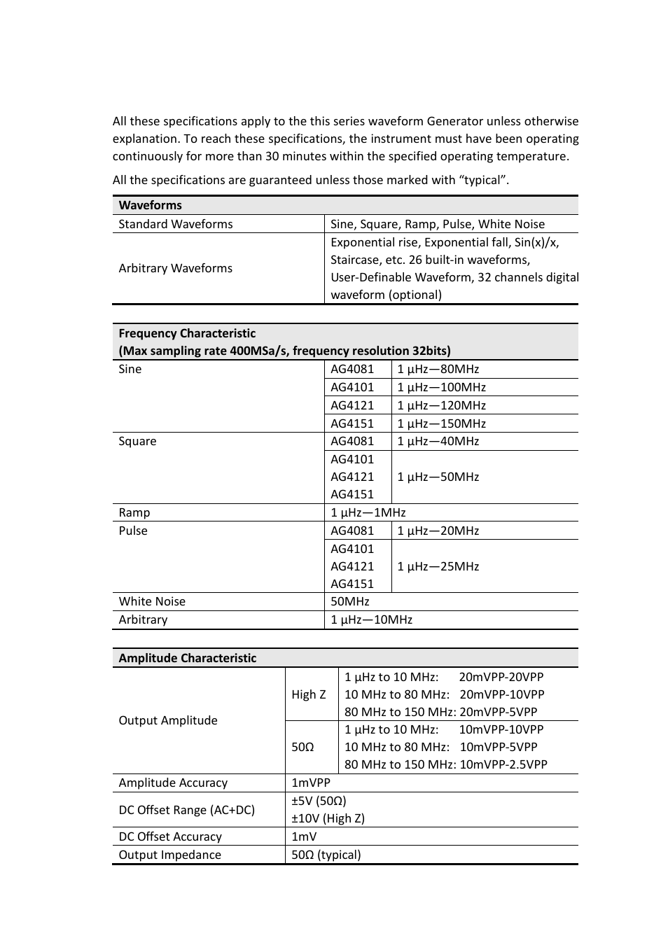 Technical specifications | OWON AG-S series User Manual | Page 47 / 52