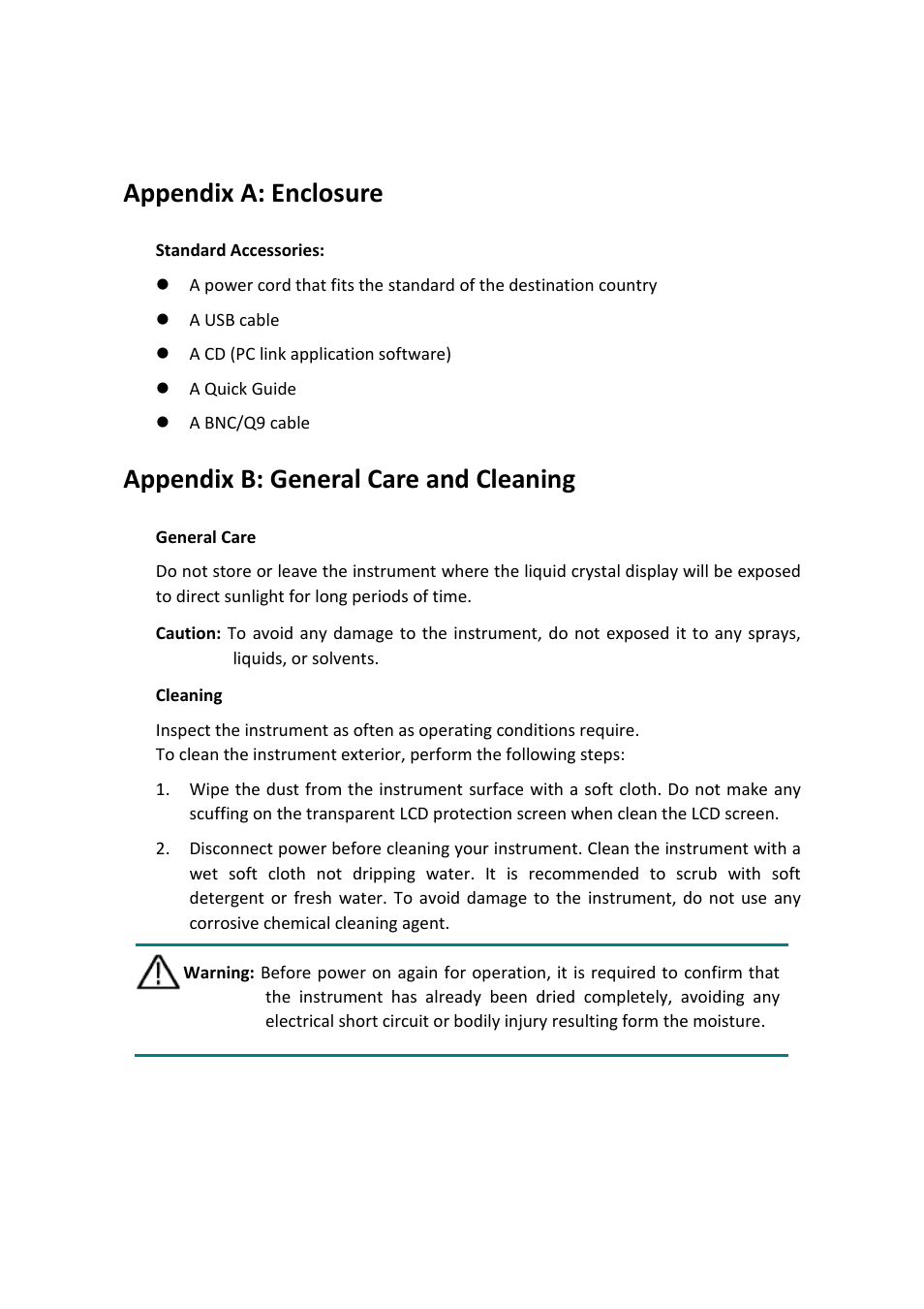 Appendix, Appendix a: enclosure, Appendix b: general care and cleaning | OWON AG-S series User Manual | Page 52 / 52