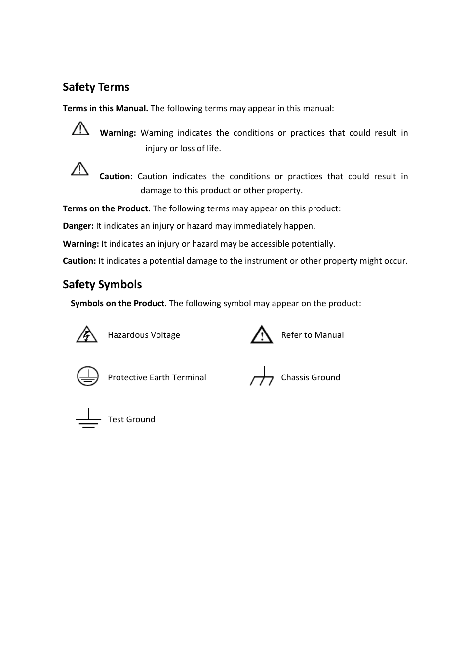 Safety terms and symbols, Safety terms, Safety symbols | OWON AG-S series User Manual | Page 7 / 52