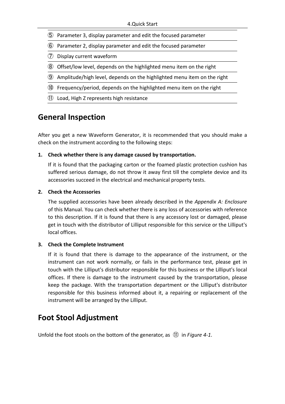 General inspection, Foot stool adjustment | OWON AG (-F) Series User Manual | Page 13 / 52