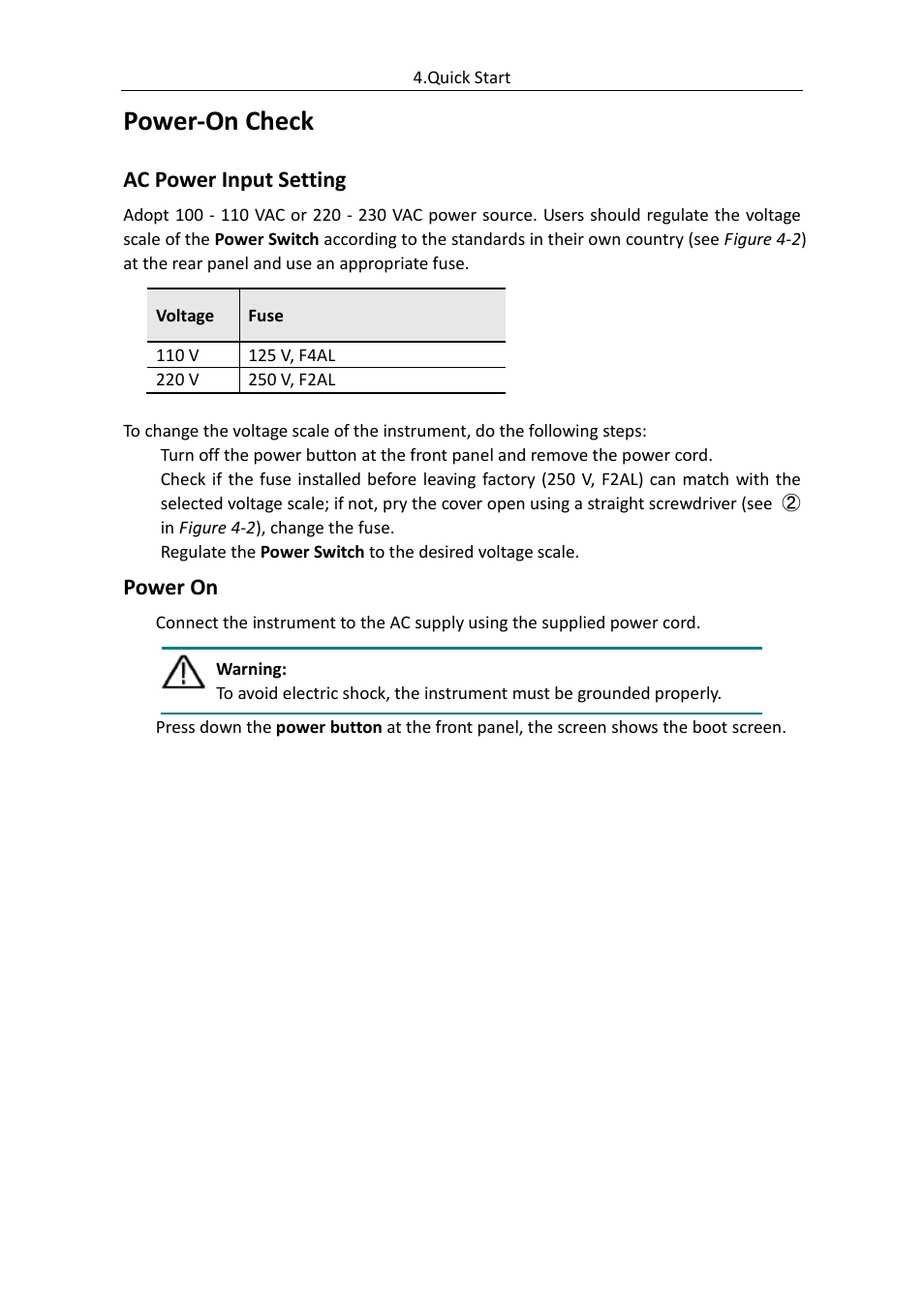 Power-on check, Ac power input setting, Power on | OWON AG (-F) Series User Manual | Page 14 / 52