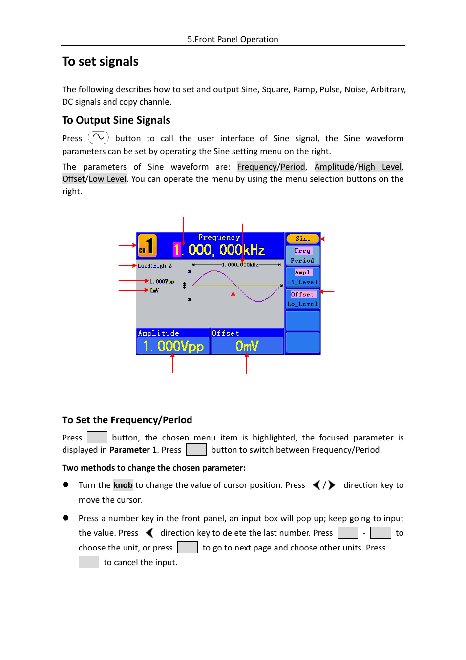 To set signals, To output sine signals, To set the frequency/period | OWON AG (-F) Series User Manual | Page 17 / 52