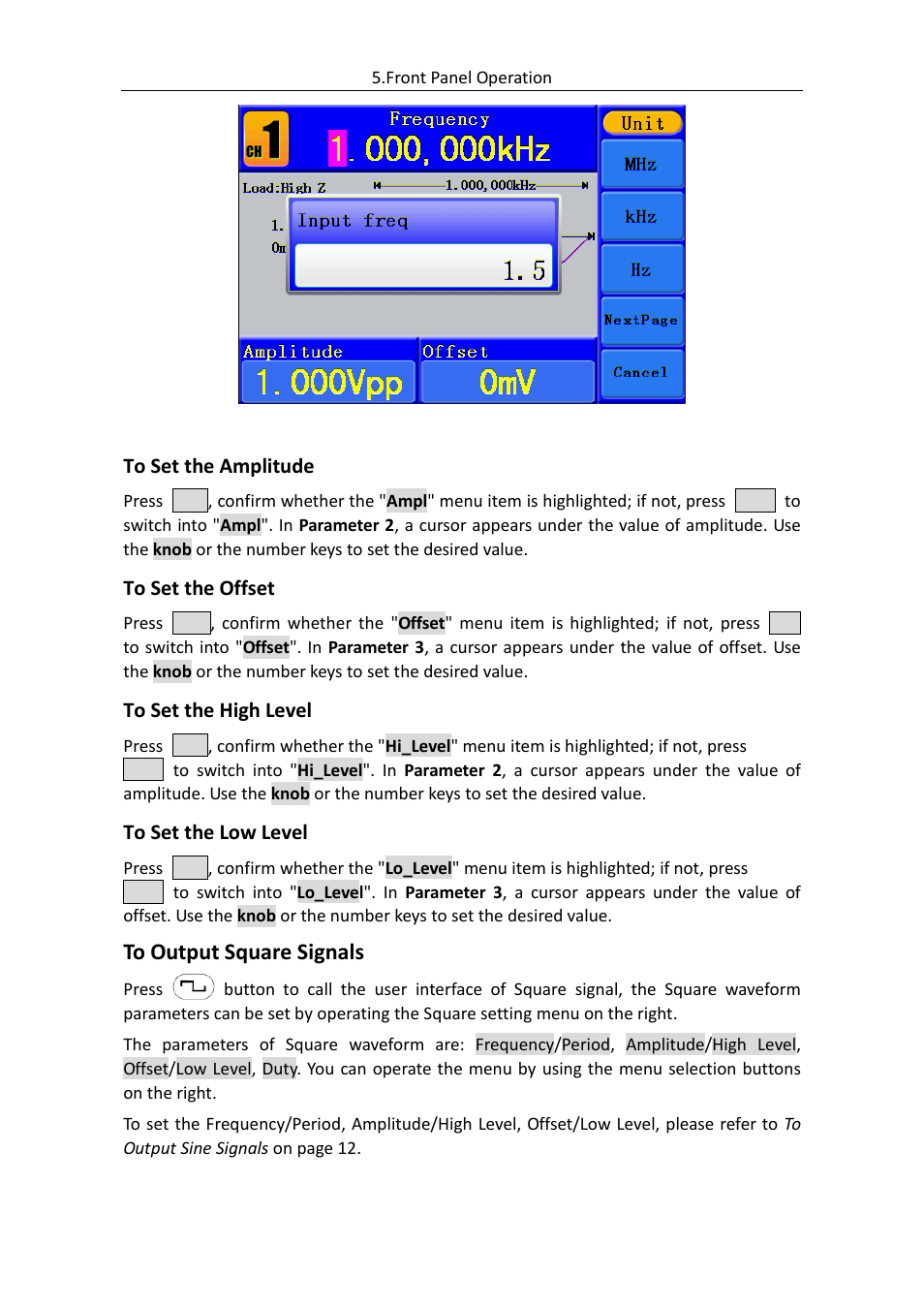 To set the amplitude, To set the offset, To set the high level | To set the low level, To output square signals | OWON AG (-F) Series User Manual | Page 18 / 52