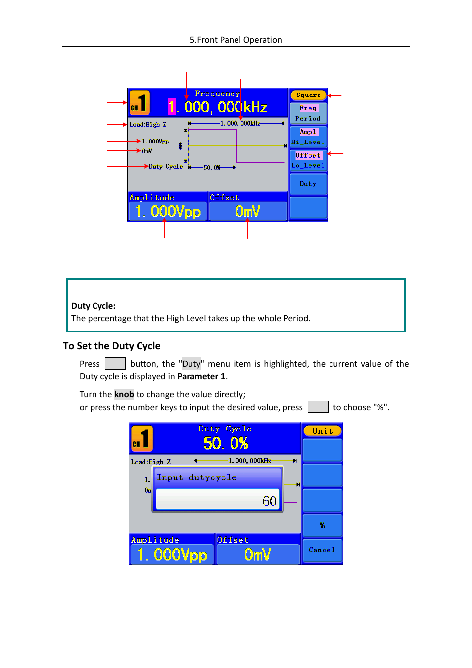 To set the duty cycle | OWON AG (-F) Series User Manual | Page 19 / 52