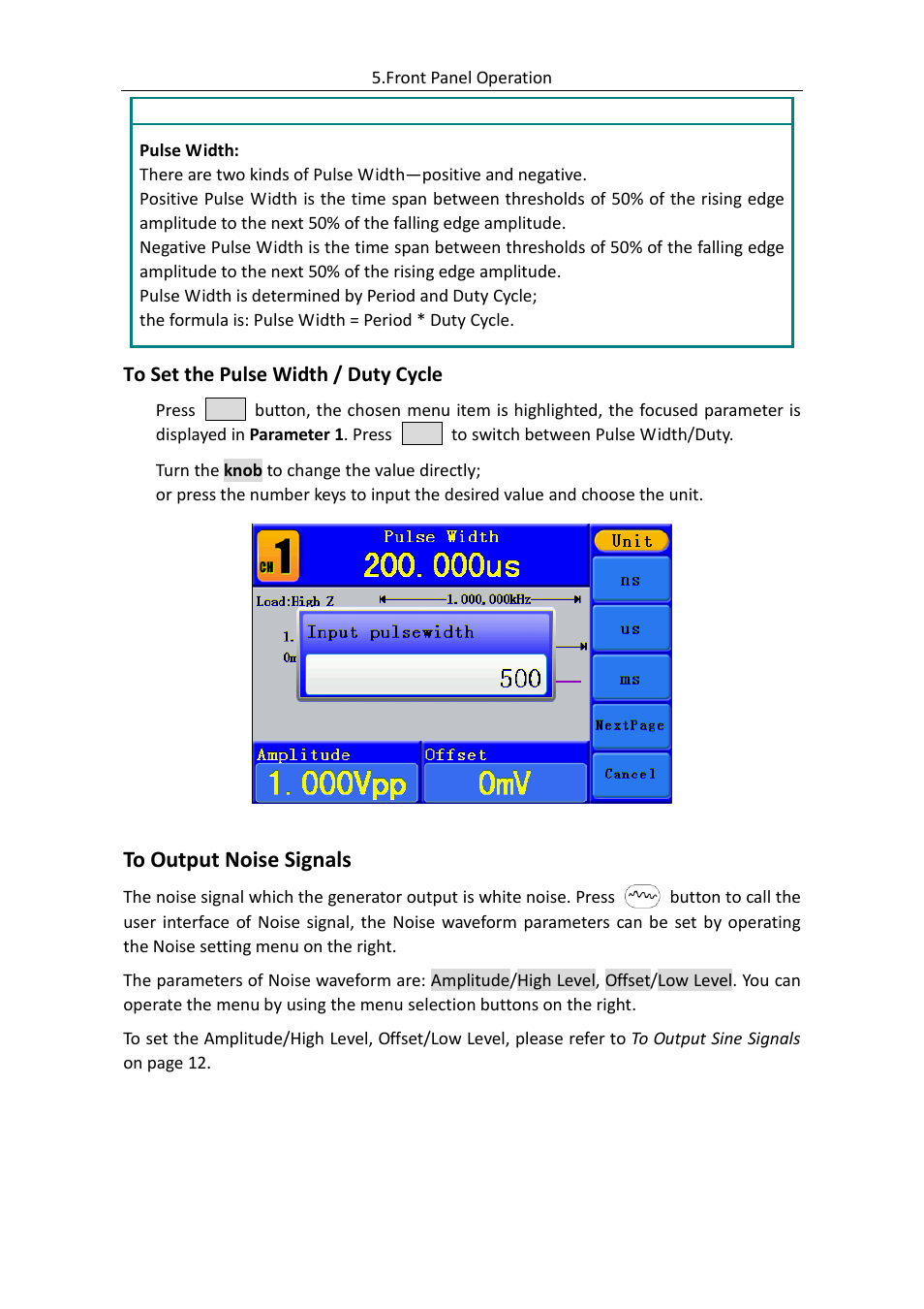 To set the pulse width / duty cycle, To output noise signals | OWON AG (-F) Series User Manual | Page 22 / 52