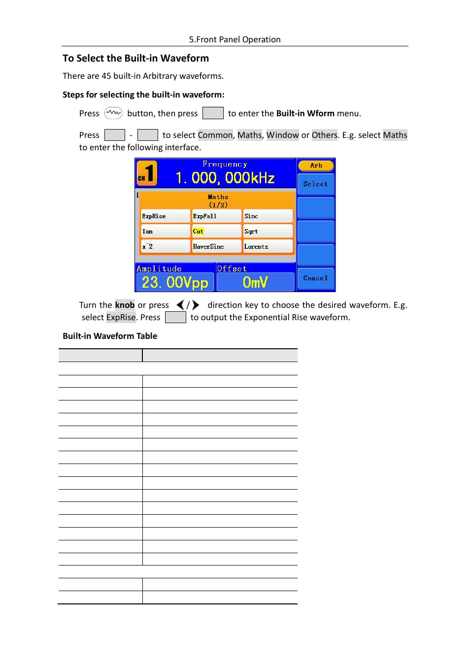 To select the built-in waveform | OWON AG (-F) Series User Manual | Page 24 / 52