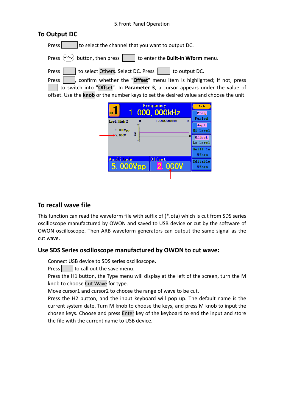 To output dc, To recall wave file | OWON AG (-F) Series User Manual | Page 27 / 52