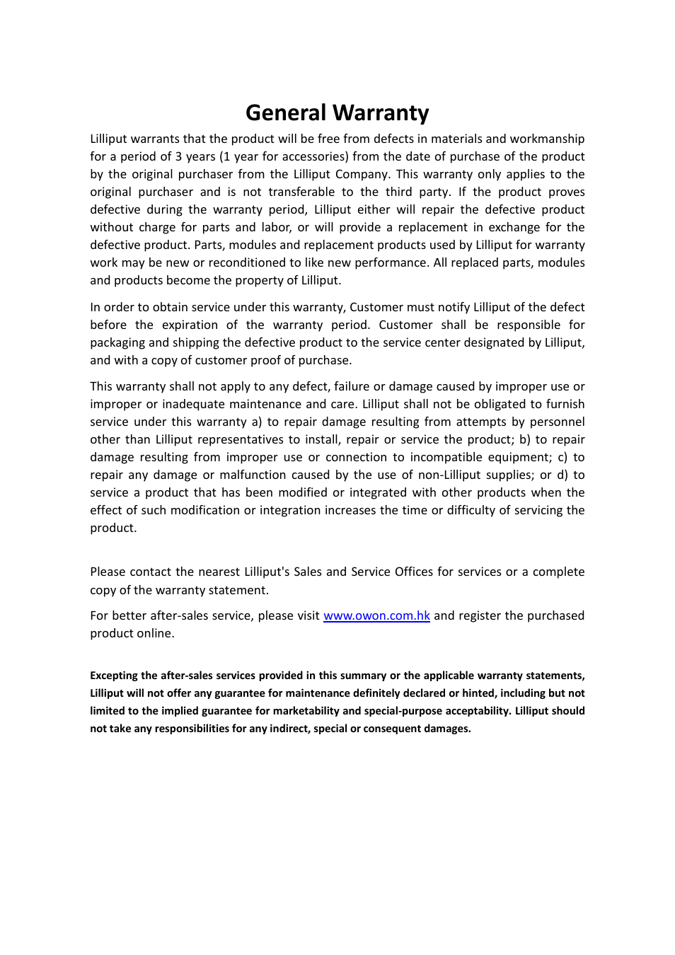 General warranty | OWON AG (-F) Series User Manual | Page 3 / 52