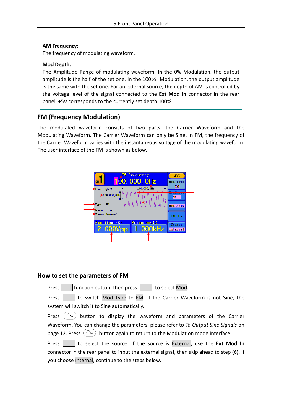 Fm (frequency modulation), How to set the parameters of fm | OWON AG (-F) Series User Manual | Page 31 / 52