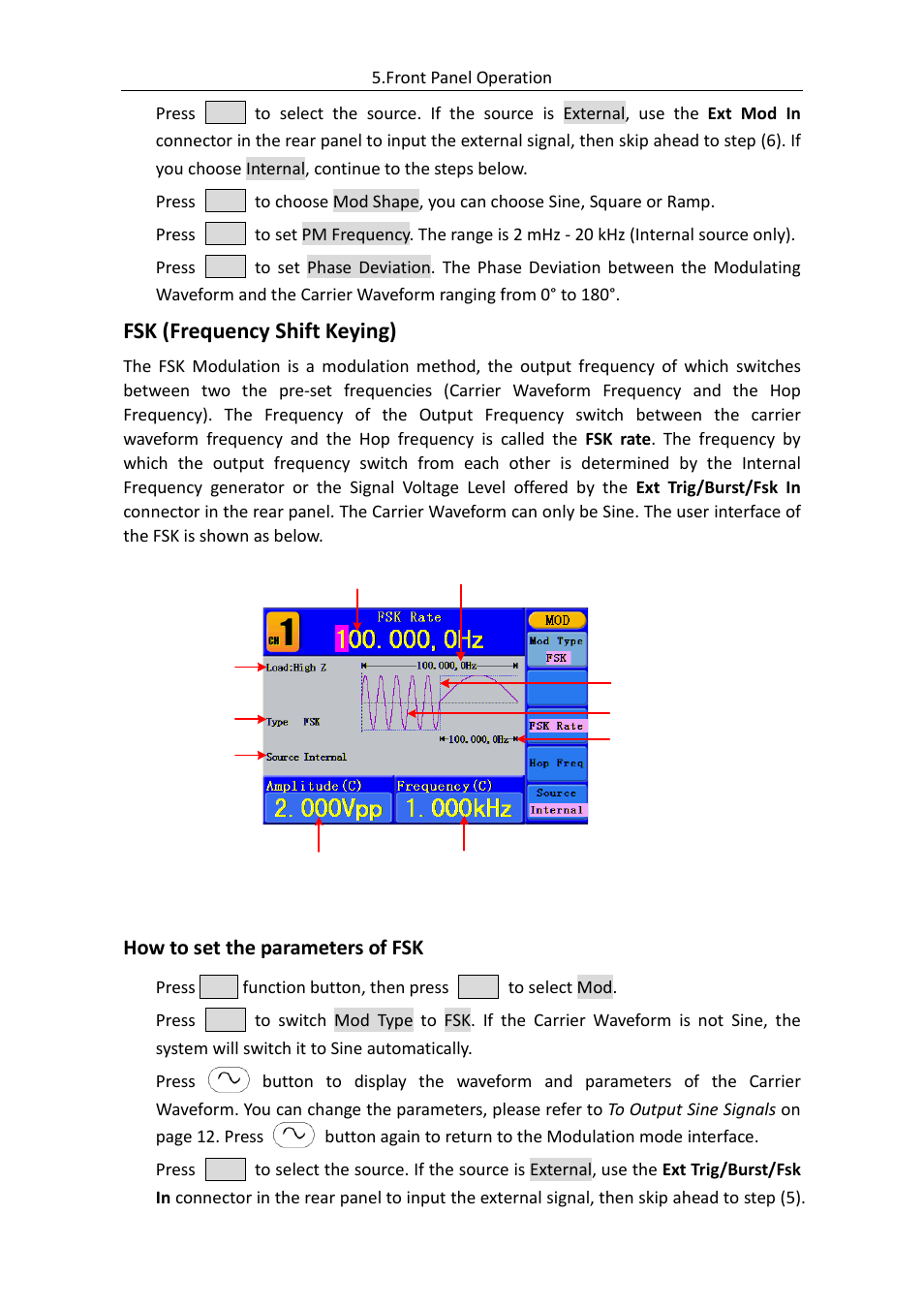 Fsk (frequency shift keying), How to set the parameters of fsk | OWON AG (-F) Series User Manual | Page 33 / 52