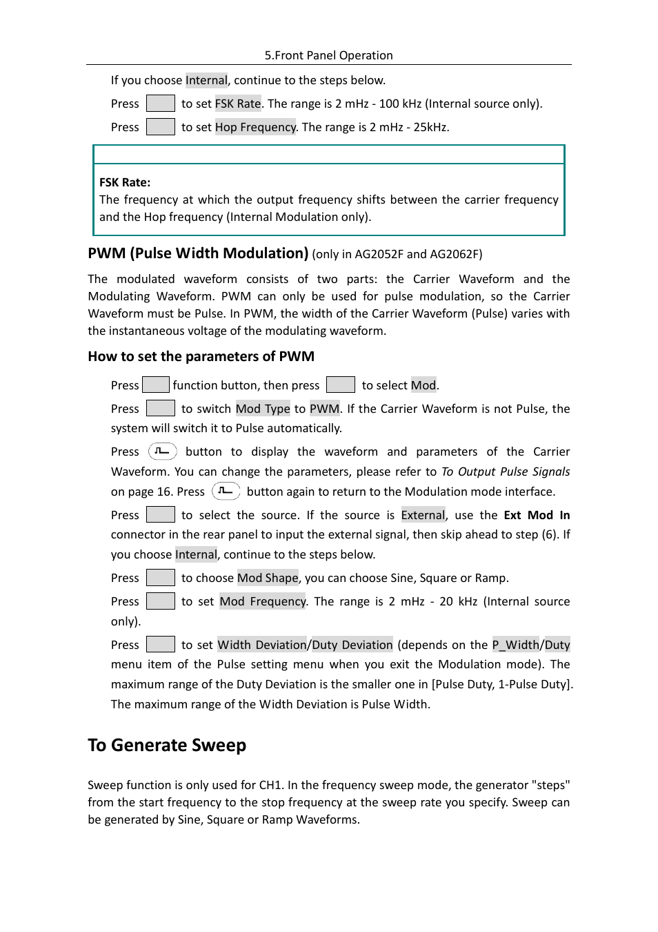 To generate sweep, Pwm (pulse width modulation) | OWON AG (-F) Series User Manual | Page 34 / 52