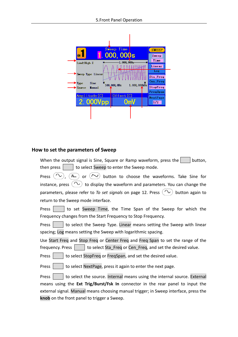 How to set the parameters of sweep | OWON AG (-F) Series User Manual | Page 35 / 52