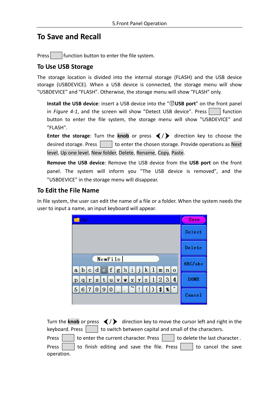 To save and recall, To use usb storage, To edit the file name | OWON AG (-F) Series User Manual | Page 38 / 52