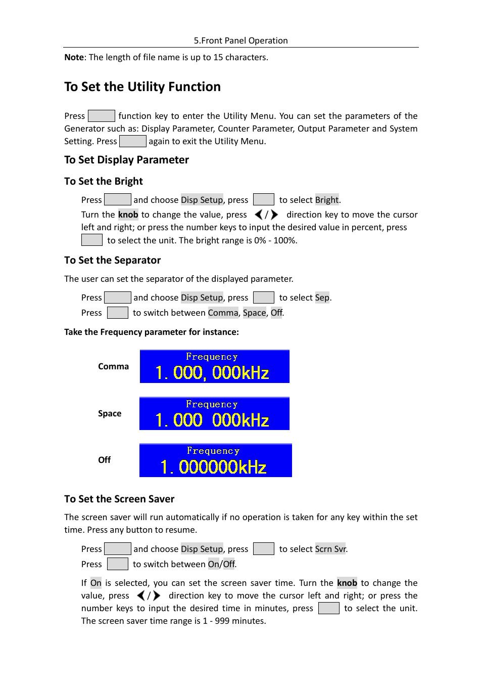 To set the utility function, To set display parameter, To set the bright | To set the separator, To set the screen saver | OWON AG (-F) Series User Manual | Page 39 / 52