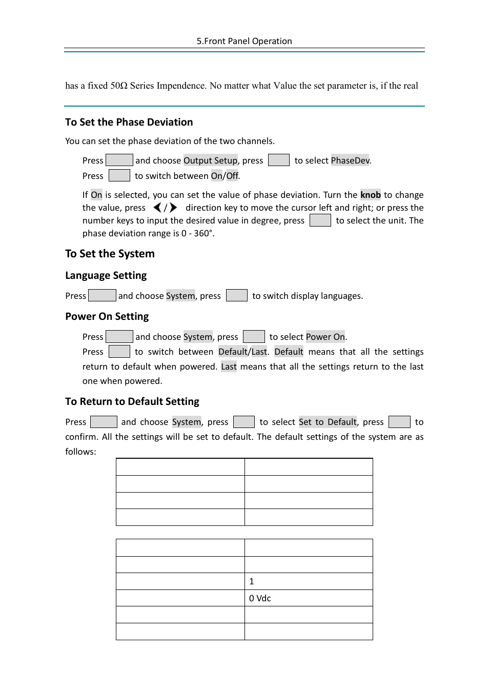 To set the phase deviation, To set the system, Language setting | Power on setting, To return to default setting | OWON AG (-F) Series User Manual | Page 41 / 52