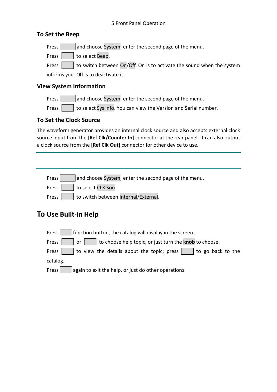 To set the beep, View system information, To set the clock source | To use built-in help, 38, to set the, Clock source), Use built-in help | OWON AG (-F) Series User Manual | Page 43 / 52