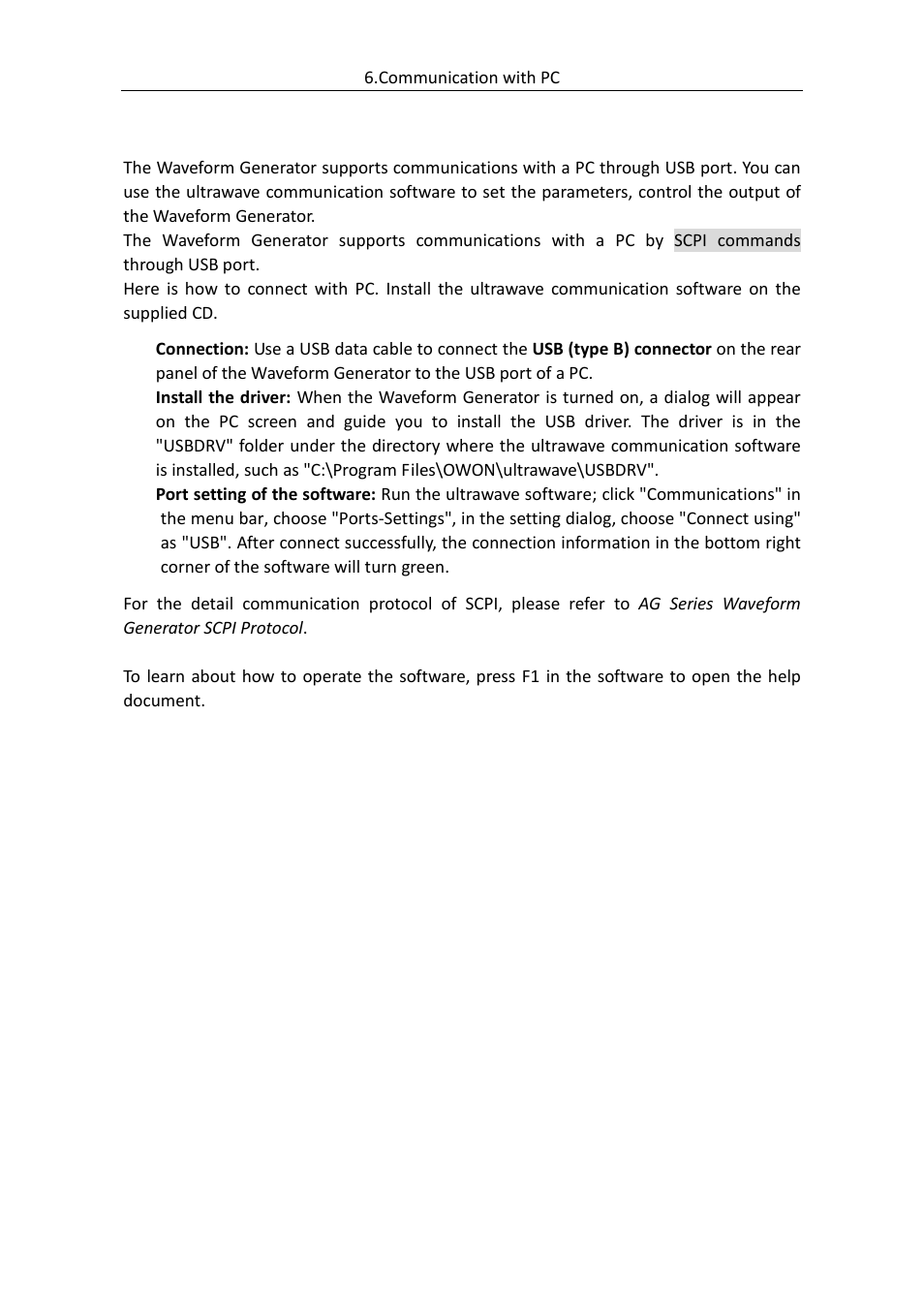 Communication with pc | OWON AG (-F) Series User Manual | Page 44 / 52