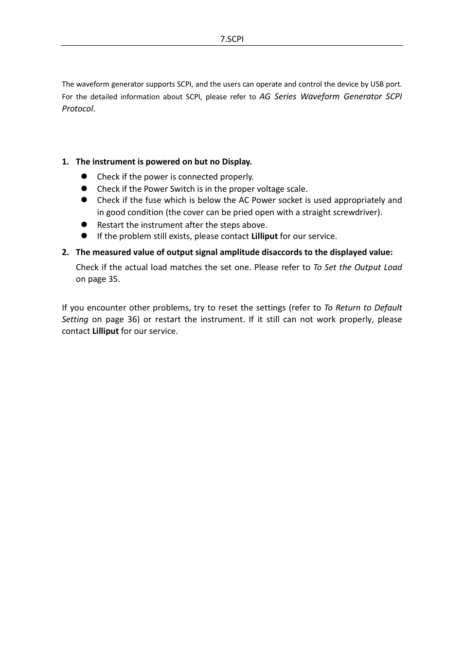Scpi, Troubleshooting | OWON AG (-F) Series User Manual | Page 45 / 52