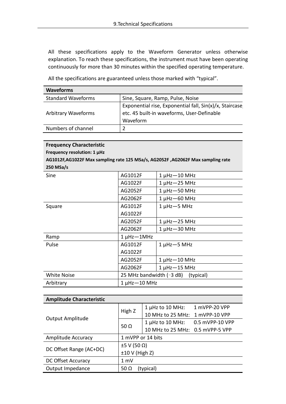 Technical specifications | OWON AG (-F) Series User Manual | Page 46 / 52