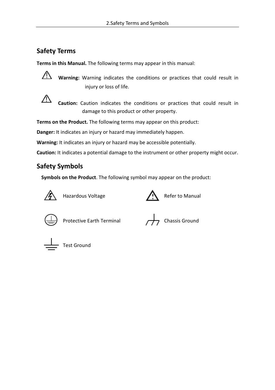 Safety terms and symbols, Safety terms, Safety symbols | OWON AG (-F) Series User Manual | Page 7 / 52