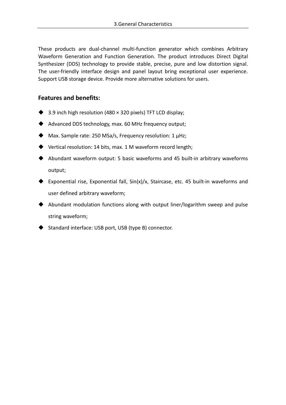 General characteristics | OWON AG (-F) Series User Manual | Page 8 / 52