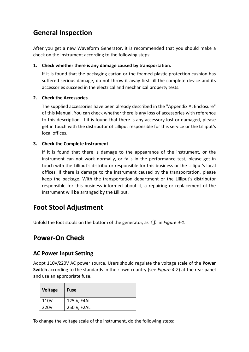 General inspection, Foot stool adjustment, Power-on check | Ac power input setting | OWON AG1022 User Manual | Page 13 / 41