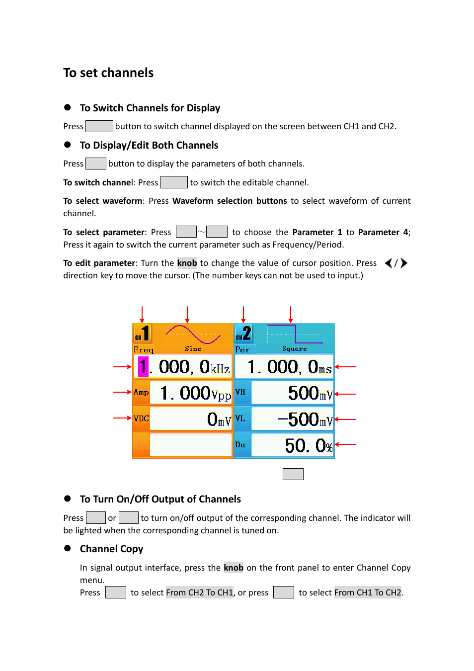 To set channels | OWON AG1022 User Manual | Page 16 / 41