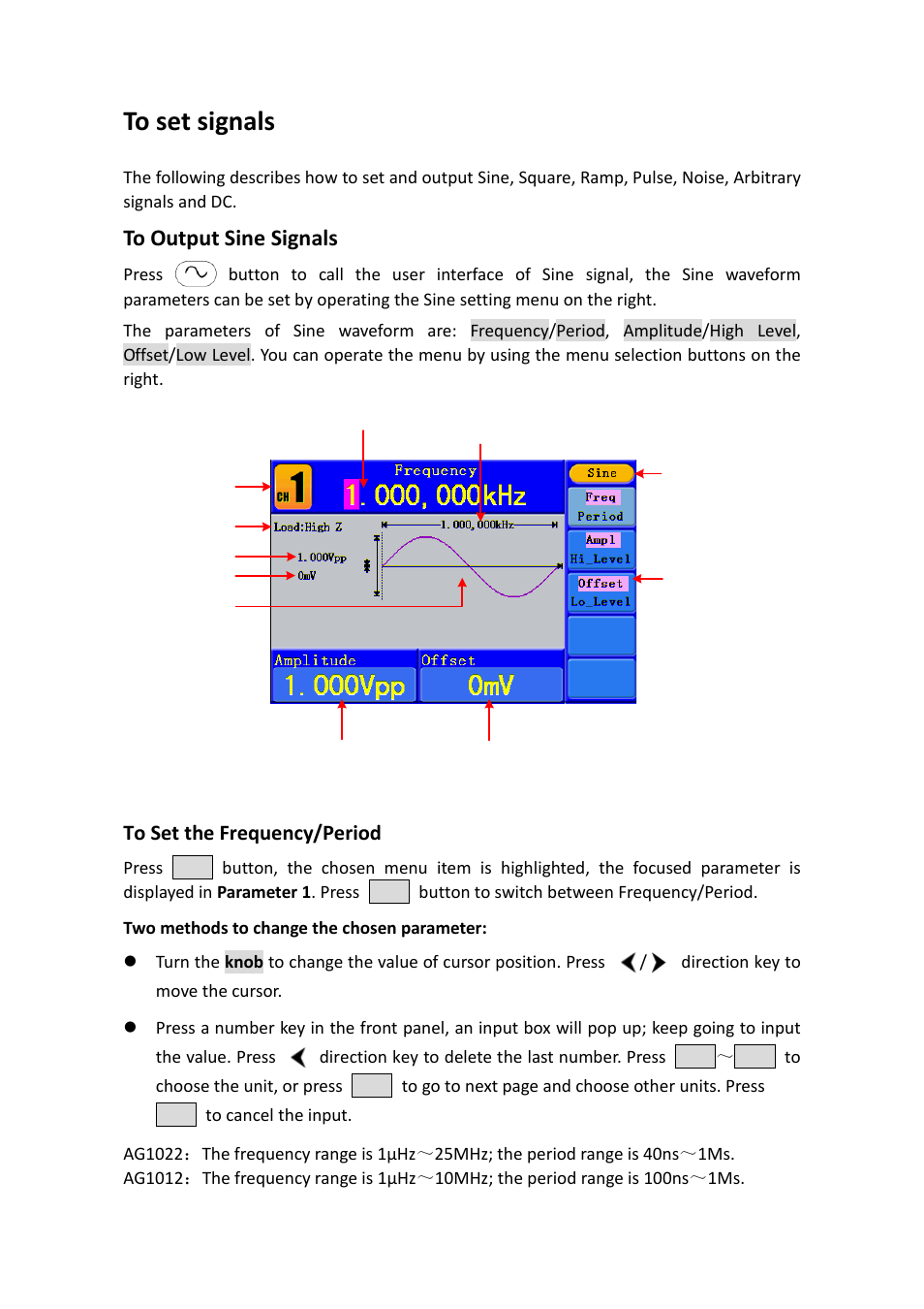 To set signals, To output sine signals, To set the frequency/period | OWON AG1022 User Manual | Page 17 / 41