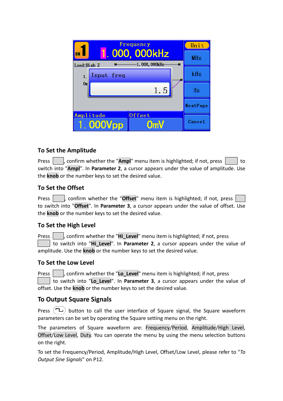 To set the amplitude, To set the offset, To set the high level | To set the low level, To output square signals | OWON AG1022 User Manual | Page 18 / 41