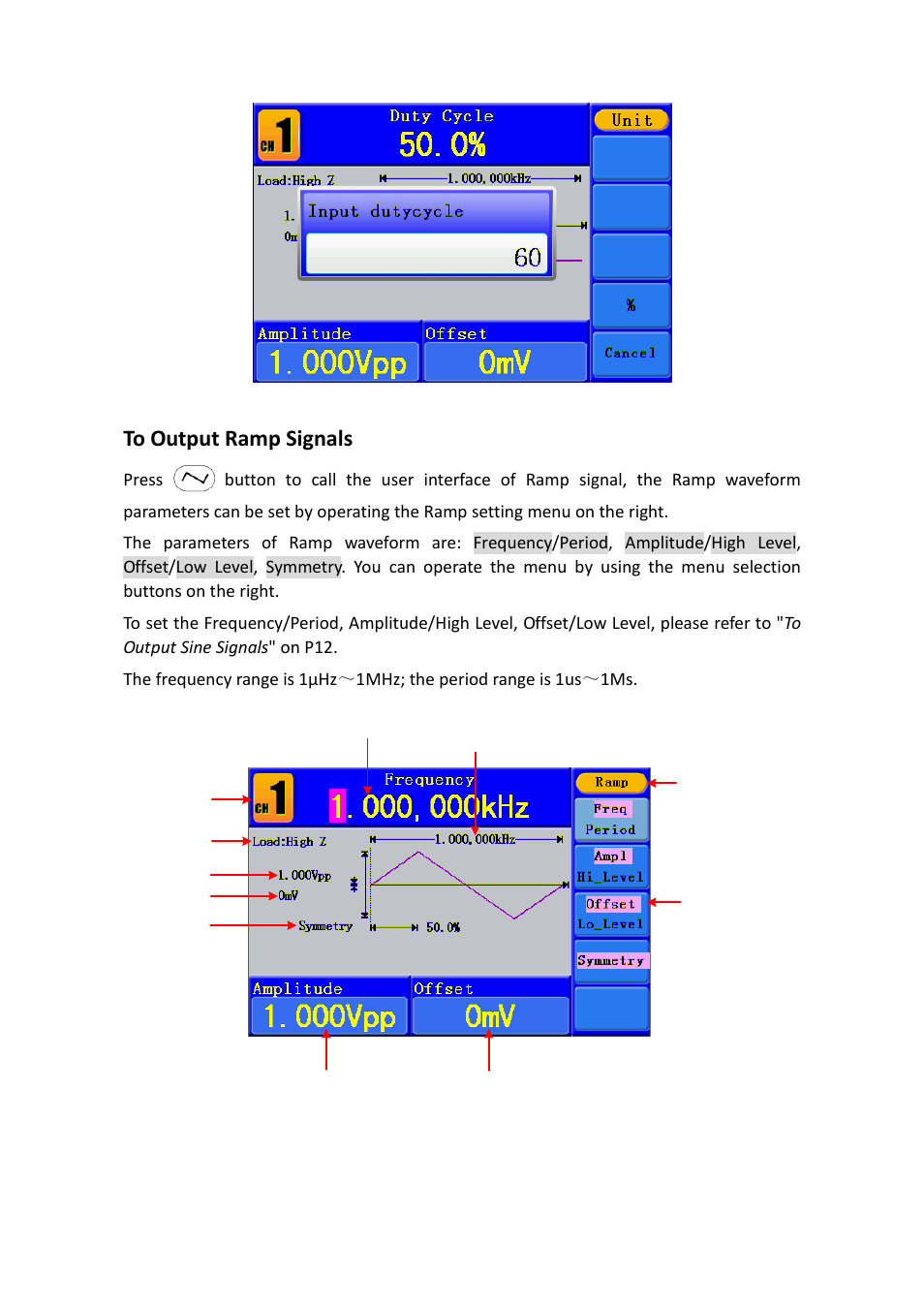 To output ramp signals | OWON AG1022 User Manual | Page 20 / 41