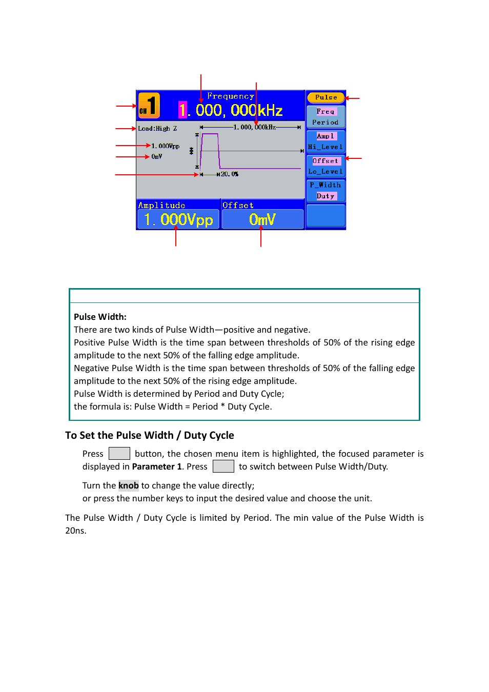 To set the pulse width / duty cycle | OWON AG1022 User Manual | Page 22 / 41