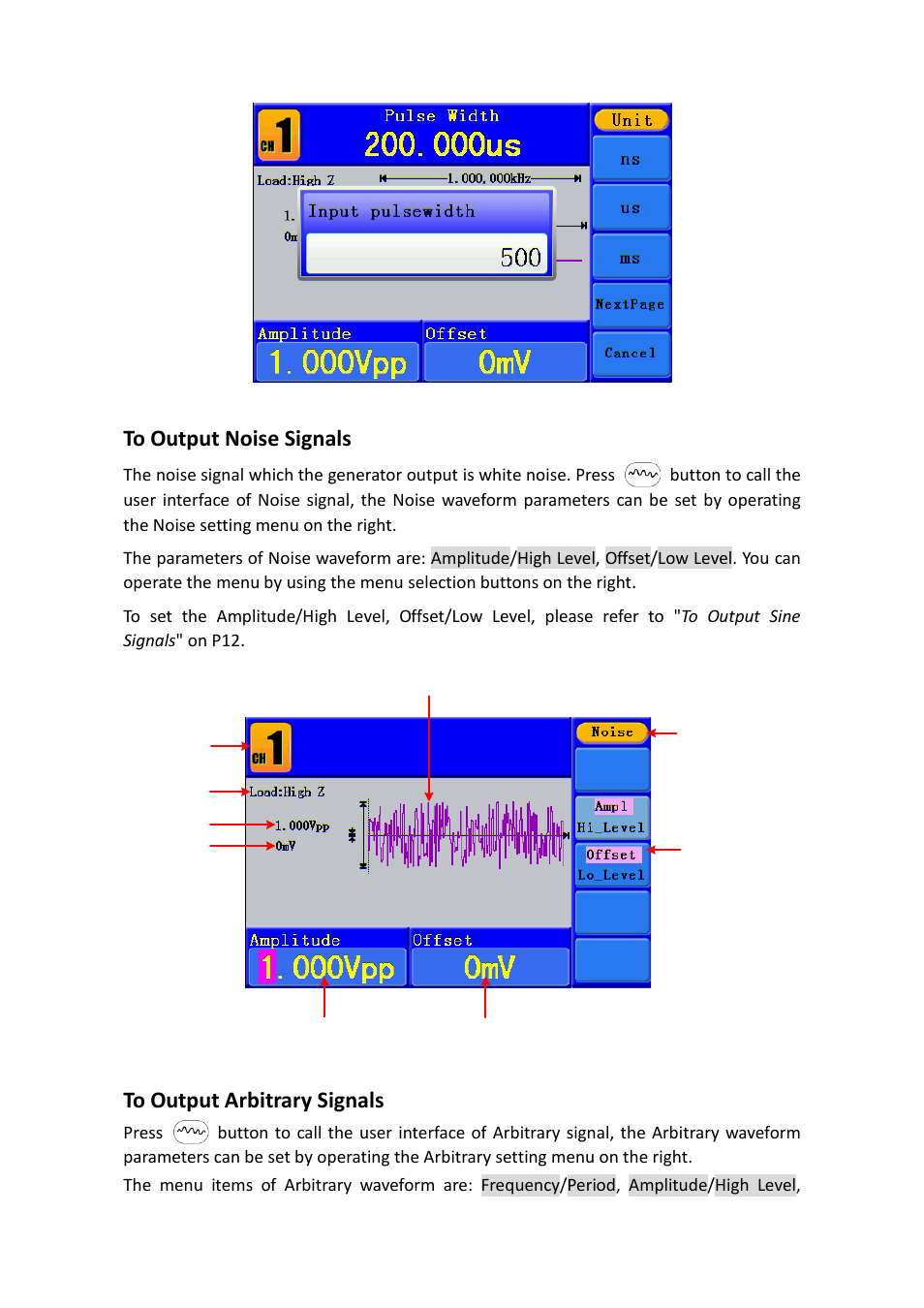 To output noise signals, To output arbitrary signals | OWON AG1022 User Manual | Page 23 / 41