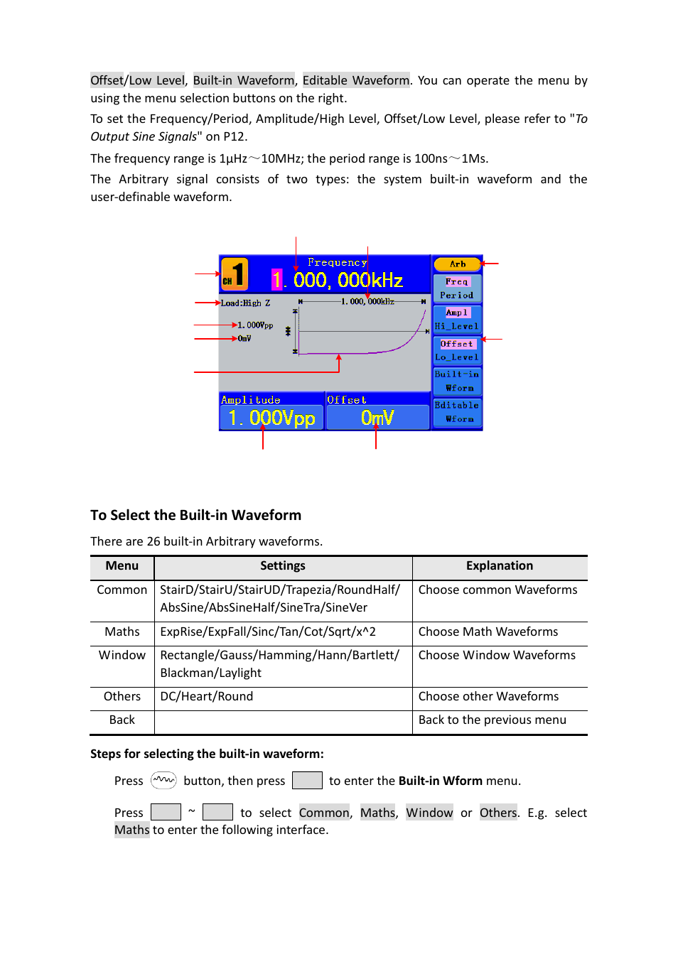 To select the built-in waveform | OWON AG1022 User Manual | Page 24 / 41