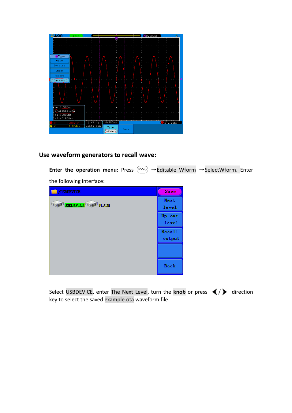 Use waveform generators to recall wave | OWON AG1022 User Manual | Page 28 / 41