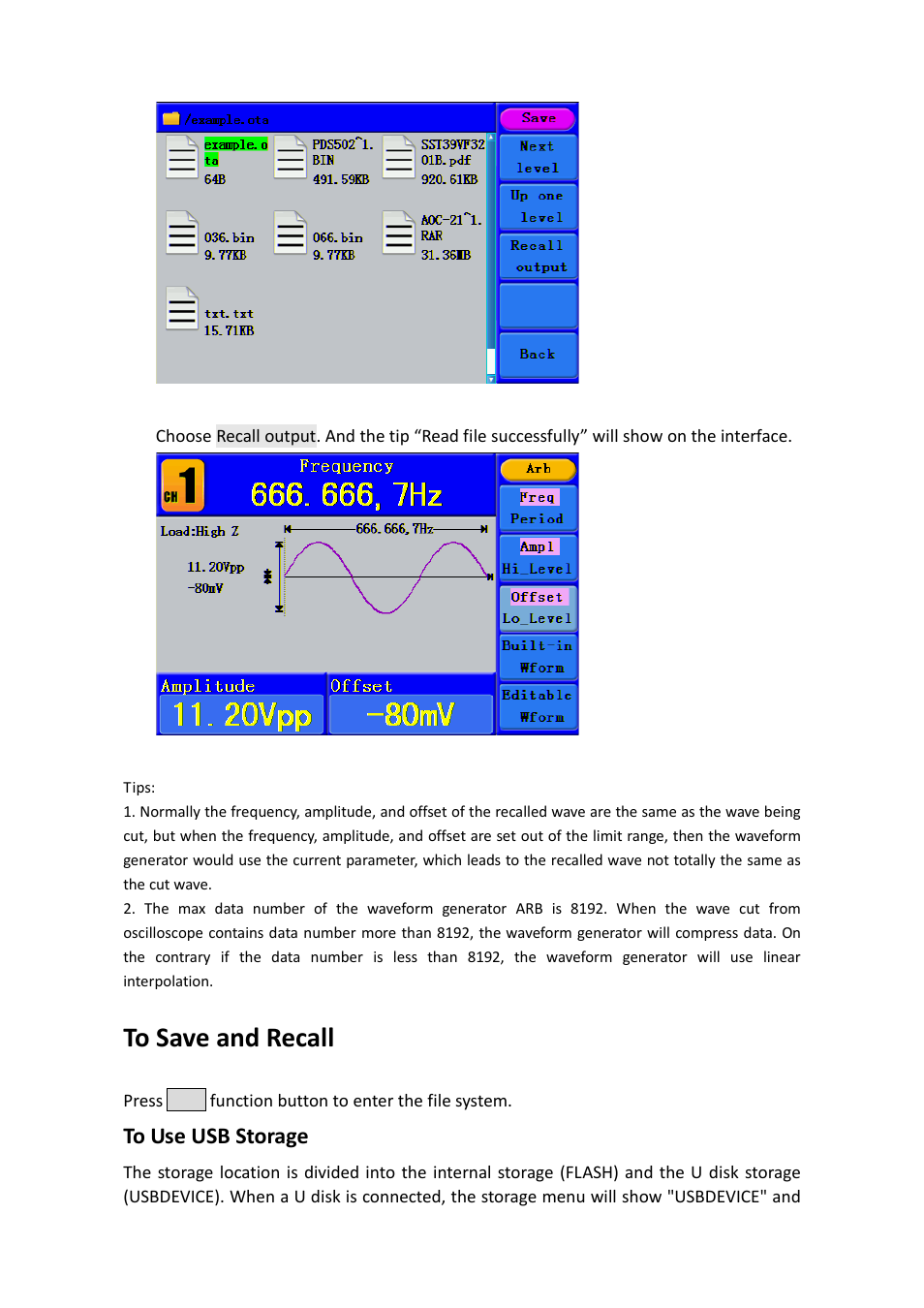 To save and recall, To use usb storage | OWON AG1022 User Manual | Page 29 / 41