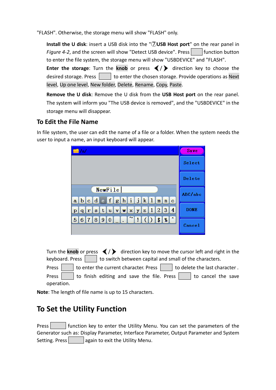 To edit the file name, To set the utility function | OWON AG1022 User Manual | Page 30 / 41