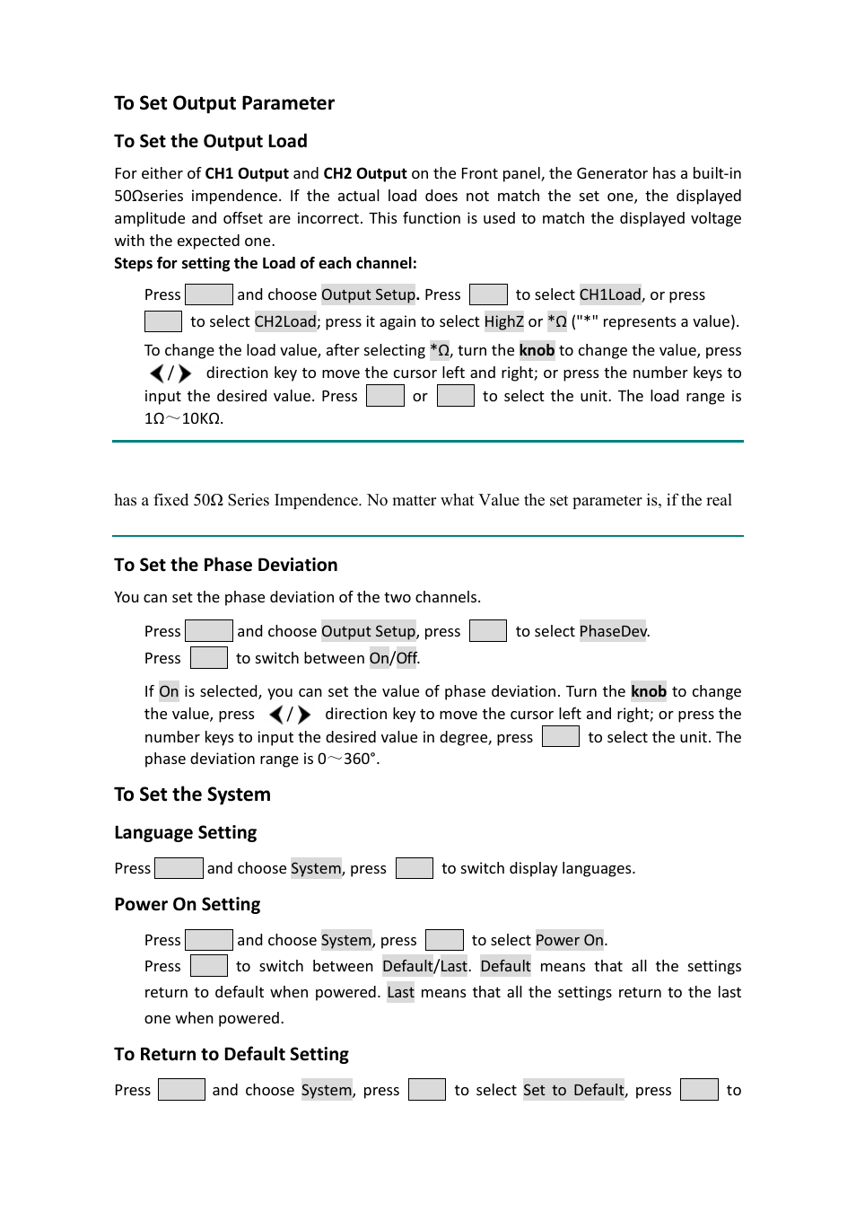 To set output parameter, To set the output load, To set the phase deviation | To set the system, Language setting, Power on setting, To return to default setting | OWON AG1022 User Manual | Page 32 / 41