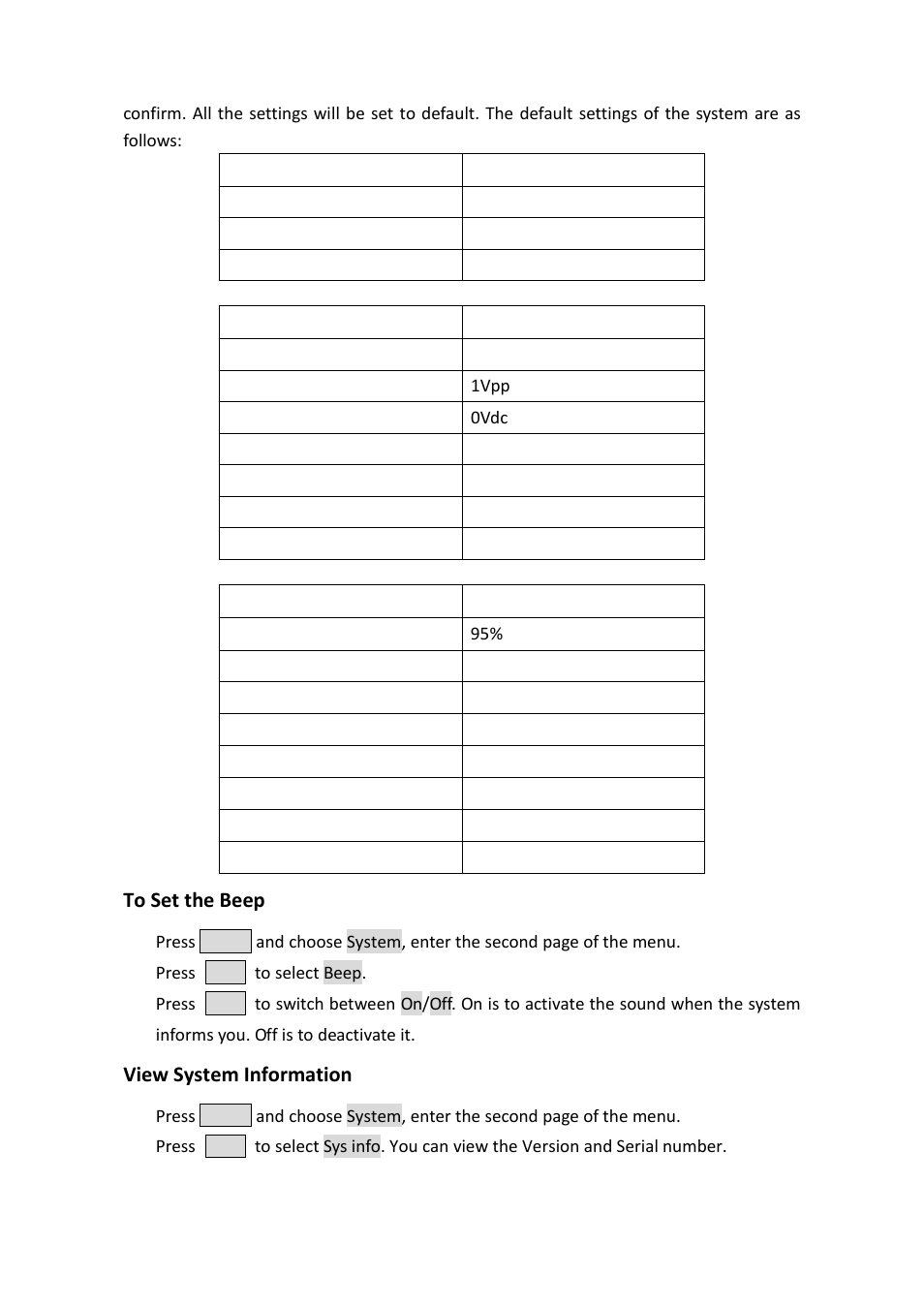 To set the beep, View system information | OWON AG1022 User Manual | Page 33 / 41